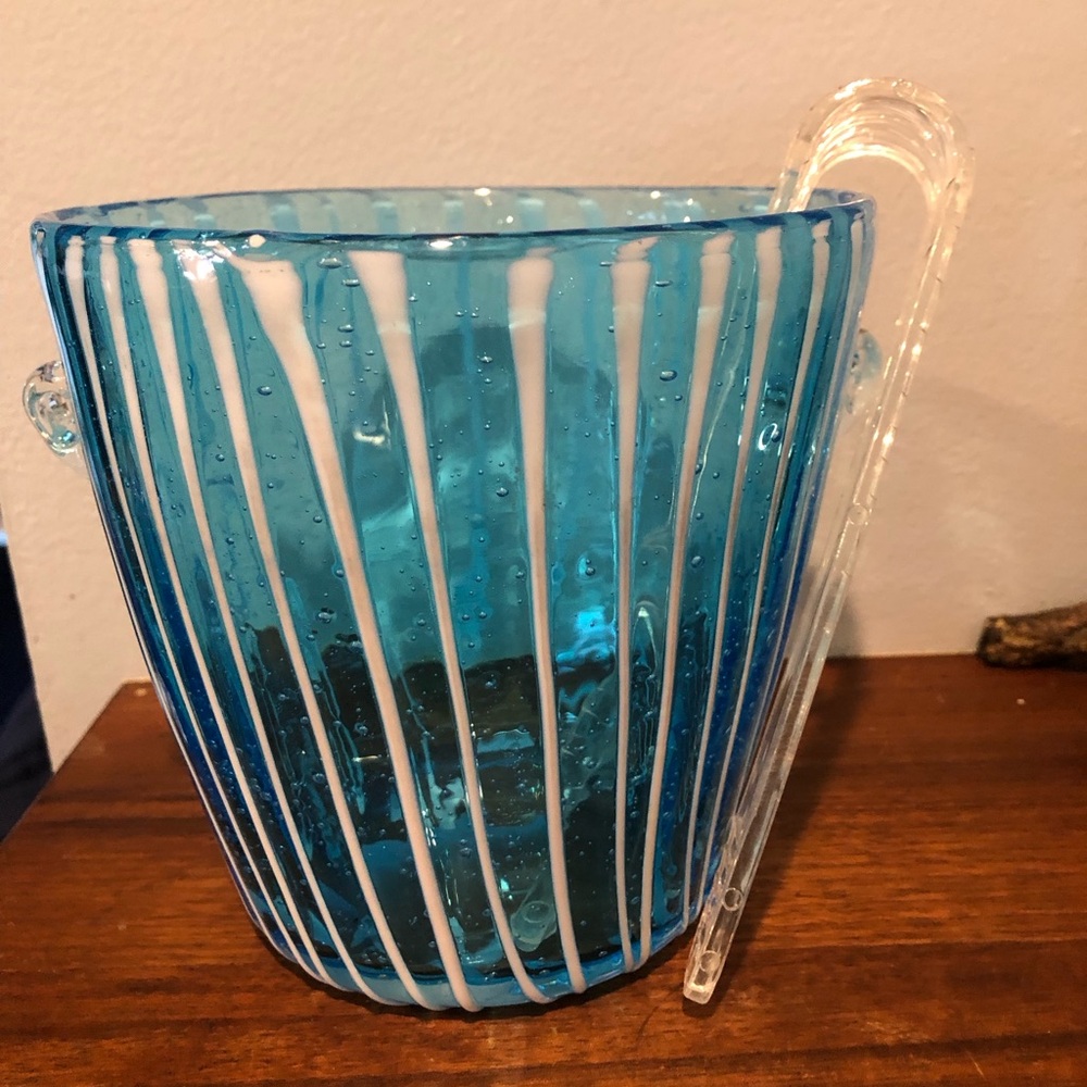 Handblown Italian Blue Glass Vase with White Stripe Design. Murano style